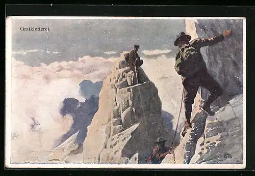 Künstler-AK Otto Barth: Männer im Gebirge, Gratkletterei