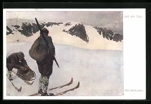 Künstler-AK Otto Barth: Auf der Rax, Bergsteiger mit Skiern
