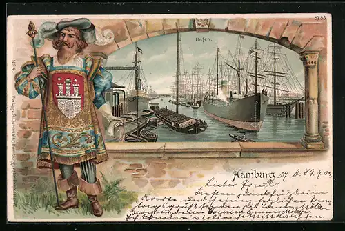 Passepartout-Lithographie Hamburg, Hafen mit Schiffen, Mann mit Zepter und Wappen