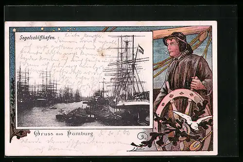 Passepartout-Lithographie Hamburg, Partie im Segelschiffhafen