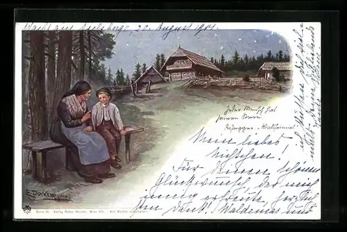 Künstler-AK E. Döcker: Mutter und Sohn unter Sternenhimmel