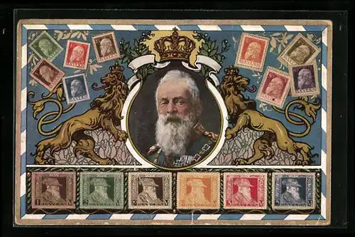 AK Portrait von Prinzregent Luitpold mit Briefmarken auf dem das Gesicht des Prinzregenten abgebildet ist