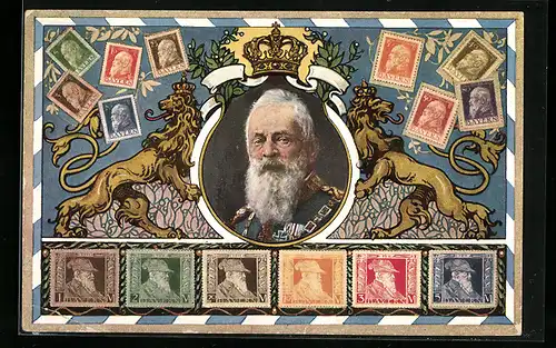 AK Portrait von Prinzregent Luitpold mit Briefmarken auf dem das Gesicht des Prinzregenten abgebildet ist