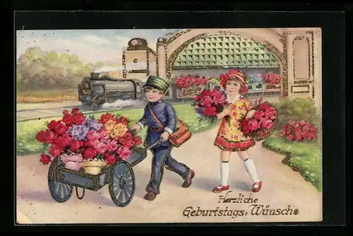 Präge-AK Page mit Blumenwagen und Frau am Bahnhof, Geburtstagsgruss