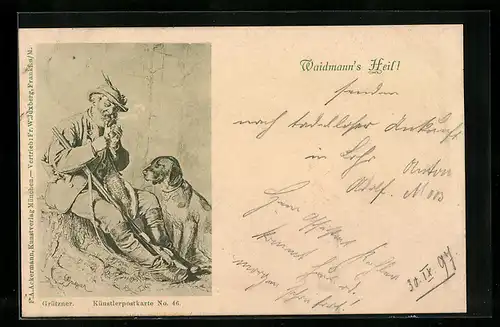 AK Waidmanns Heil!, Jäger mit Tabakspfeife und Jagdhund