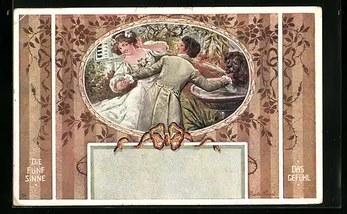 Künstler-AK Rud. Dutz: Die fünf Sinne, Das Gefühl, Pärchen am Brunnen