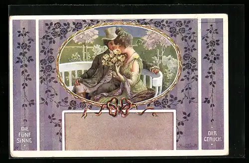 AK Pärchen bei einer Verabredung im Park mit der Allegorie zum Geruch