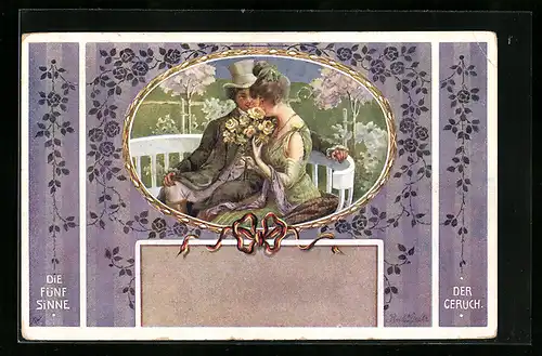 AK Pärchen bei einer Verabredung im Park mit der Allegorie zum Geruch