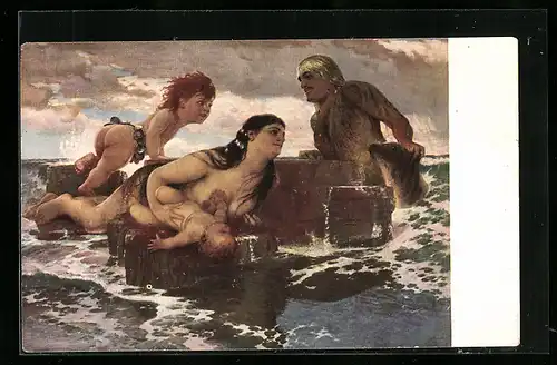 Künstler-AK Arnold Böcklin: Nackte Frau mit Kindern und Wassermann im Meer