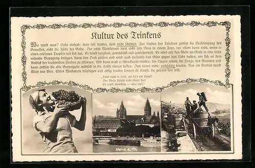 AK Mainz a. Rh., Uferpartie mit Kirche, Frau mit Weintrauben, Bauern mit Karren