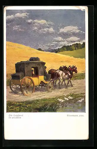AK Die Landpost, Postkutsche fährt über eine Landstrasse