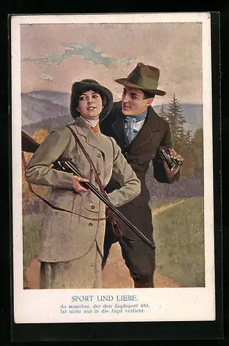 AK Sport und Liebe, So mancher, der den Jagdsort übt..., Jägerin und Herr mit Fernglas