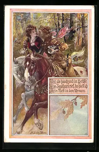Künstler-AK Rud. Dutz: Und als jauchzend im Herbste Das Jagdhorn rief, da hielt ich Mein Lieb` in den Armen