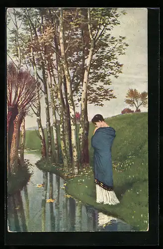 Künstler-AK Arnold Böcklin: Träumerei, Junge Frau im Kleid steht nachdenklichen Blickes am Ufer eines Bachs