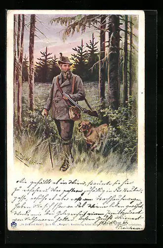 Künstler-AK E. Döcker: Jäger mit Hund im abendlichen Wald