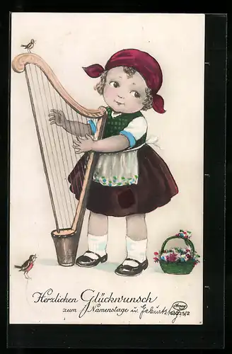 AK Mädchen spielt die Harfe, Glückwunsch zum Namenstage