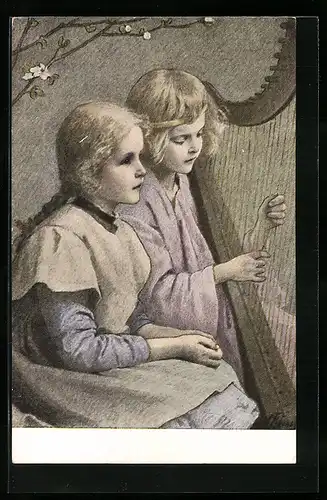 Künstler-AK Mädchen spielt die Harfe