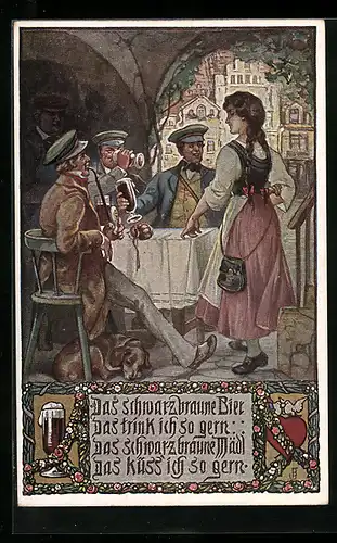 Künstler-AK Das schwarz-braune Bier, Studenten beim Feiern, studentische Szene