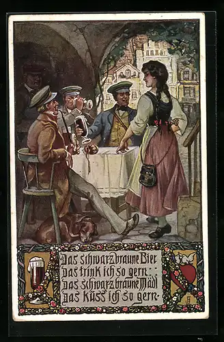 Künstler-AK Das schwarz-braune Bier, Studenten beim Feiern, studentische Szene