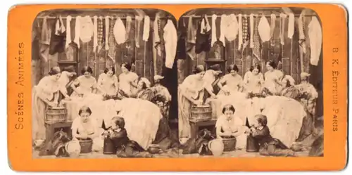 Stereo-Fotografie Adolphe Block, Paris, junge Waschfrauen bei der Kleiderwäsche am Waschzuber