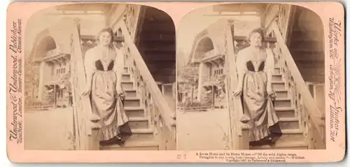 Stereo-Fotografie Underwood & Underwood, New York, junge Schweizerin im Trachtenkleid auf der Treppe ihres Hauses