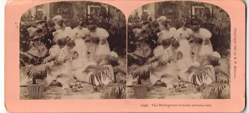 Stereo-Fotografie Adolphe Block, Paris, Brautjungfern mit ohnmächtiger Braut im Hochzeitskleid, The Bridegroom