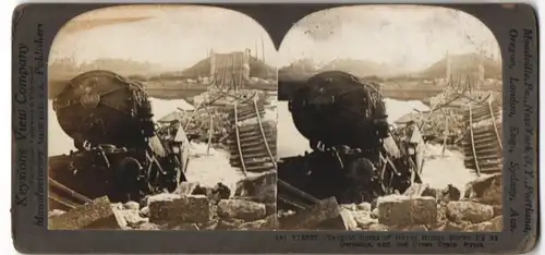 Stereo-Fotografie Keystone View Co., Meadville / PA, Tangled Ruins of Marne Bridge Blown up by Germans Red Cross Train