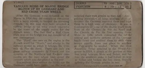 Stereo-Fotografie Keystone View Co., Meadville / PA, Tangled Ruins of Marne Bridge Blown up by Germans Red Cross Train