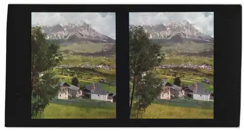 Stereo-Fotografie Chromoplast-Bild Nr. 123, Ansicht Cortina d`Ampezzo, Blick auf den Ort in den Dolomiten