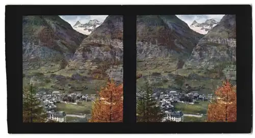 Stereo-Fotografie Chromoplast-Bild Nr. 112, Ansicht Zermatt, Blick nach dem Ort und den Gabelhörner