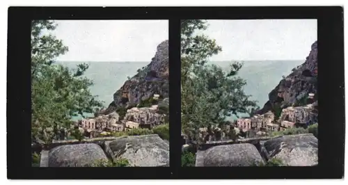 Stereo-Fotografie Chromoplast-Bild Nr. 63, Ansicht Positano, Blick von Oben auf die Stadt