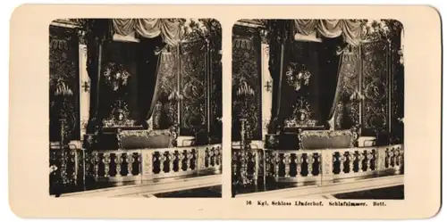 Stereo-Fotografie unbekannter Fotograf, Ansicht Ettal, das Königliche Schalfzimmer mit Bett im Schloss Linderhof
