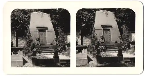 Stereo-Fotografie unbekannter Fotograf, Ansicht Mainz, Hauptfriedhof Aureus, Grabmal der Familie Krausse mit Sphinx