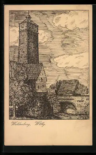 Künstler-AK Waldenburg /Wttbg., Ortsansicht mit Turm