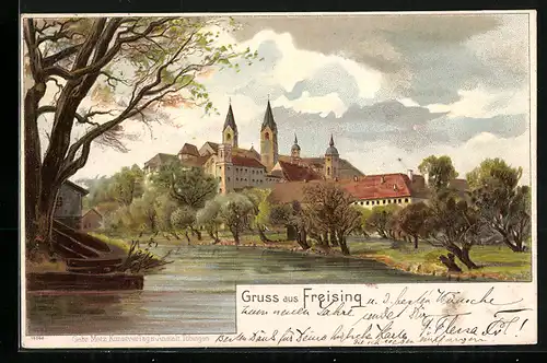 Lithographie Freising, Teilansicht mit Blick auf Kirchen