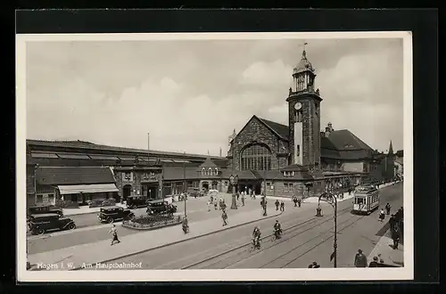 AK Hagen i. W., Am Hauptbahnhof, Strassenbahn