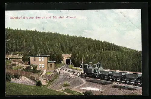 AK Braune Sumpf, Bahnhof und Bielstein-Tunnel mit Eisenbahn