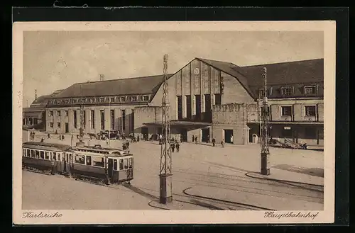 AK Karlsruhe, Hauptbahnhof mit Strassenbahn