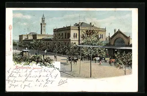 AK Karlsruhe, Bahnhof mit Pferdekutschen