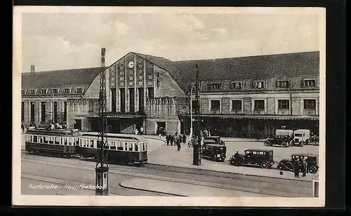 AK Karlsruhe, Hauptbahnhof mit Strassenbahn