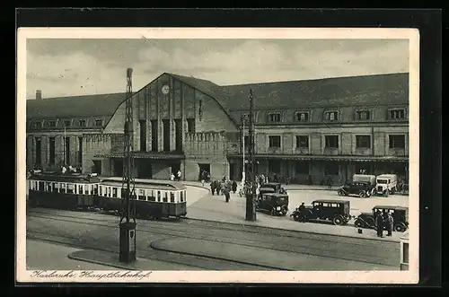 AK Karlsruhe, Hauptbahnhof mit Strassenbahn