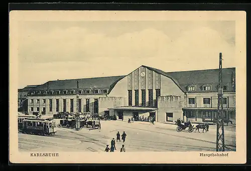 AK Karlsruhe, Hauptbahnhof mit Strassenbahn