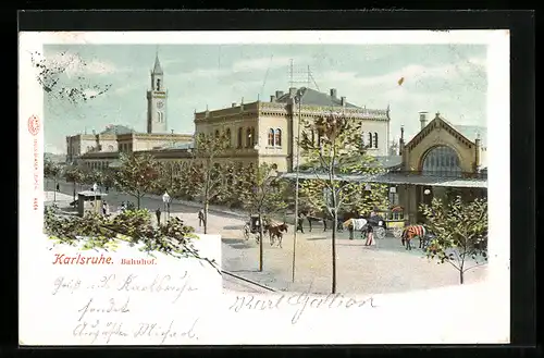 AK Karlsruhe, Bahnhof mit Pferdekutschen