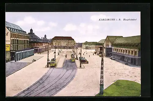 AK Karlsruhe i. B., Hauptbahnhof mit Strassenbahnen