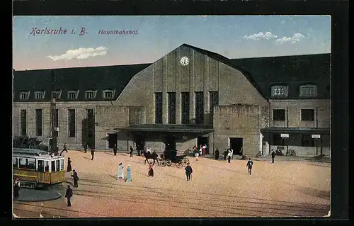 AK Karlsruhe, Hauptbahnhof mit Strassenbahn