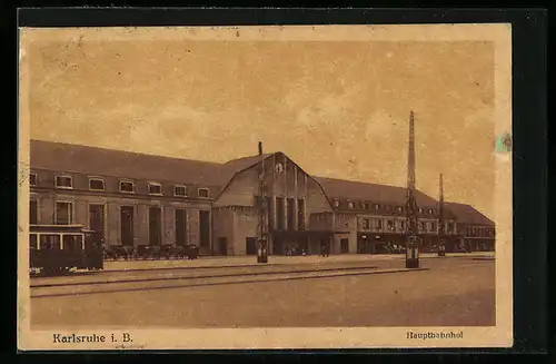 AK Karlsruhe i. B., Hauptbahnhof mit Strassenbahn