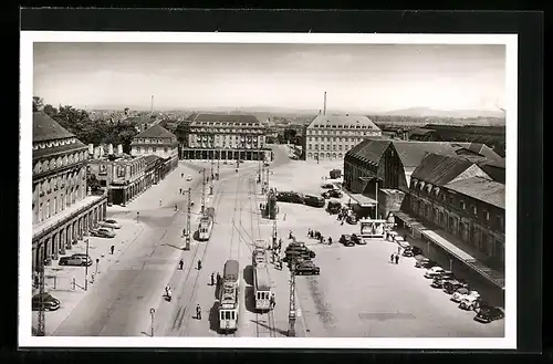 AK Karlsruhe, Bahnhofplatz aus der Vogelschau
