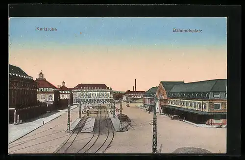 AK Karlsruhe, Bahnhofsplatz aus der Vogelschau