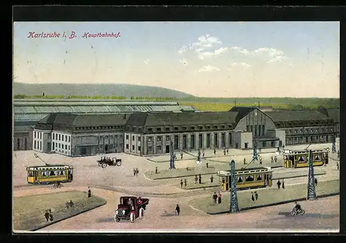 AK Karlsruhe i. B., Hauptbahnhof mit Strassenbahn
