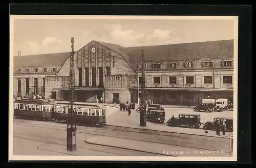 AK Karlsruhe, Hauptbahnhof mit Strassenbahn